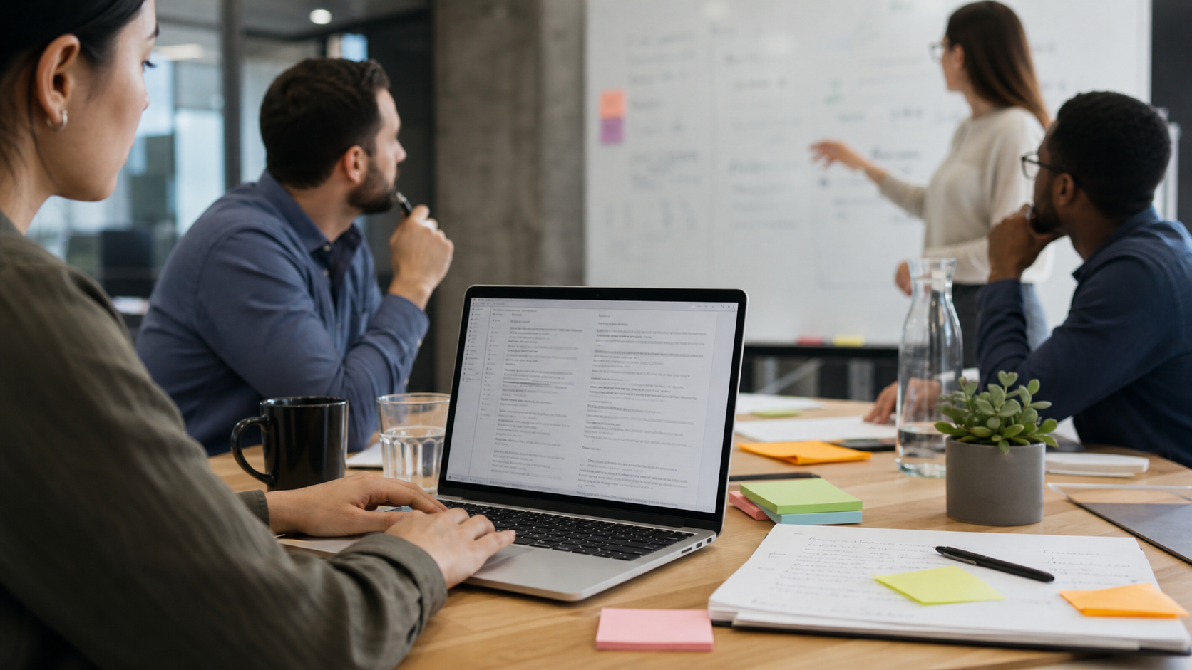 Real meeting workspace with a transcript, action notes, and colleagues collaborating