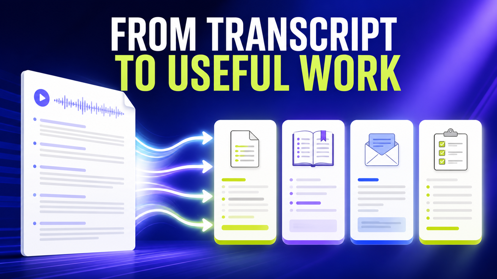 Editorial workflow slide showing a transcript becoming useful work outputs