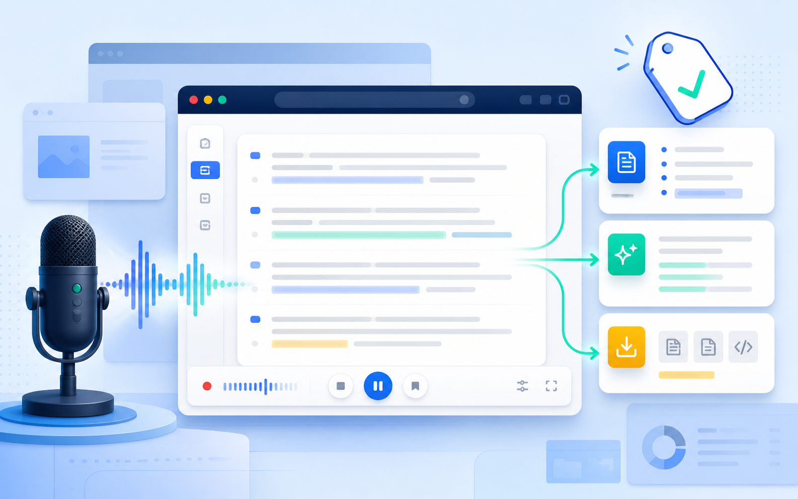 Free browser transcription workflow turning live speech into notes, summaries, and exports