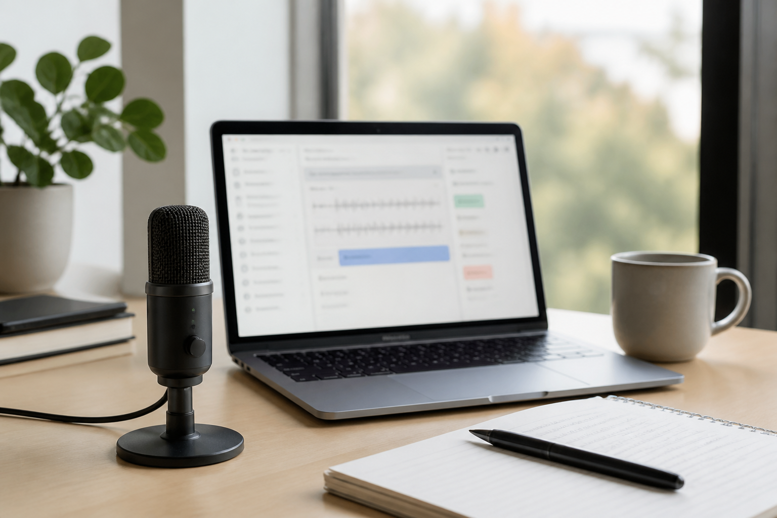 Professional product-in-use workspace with microphone, notes, and an abstract transcription screen