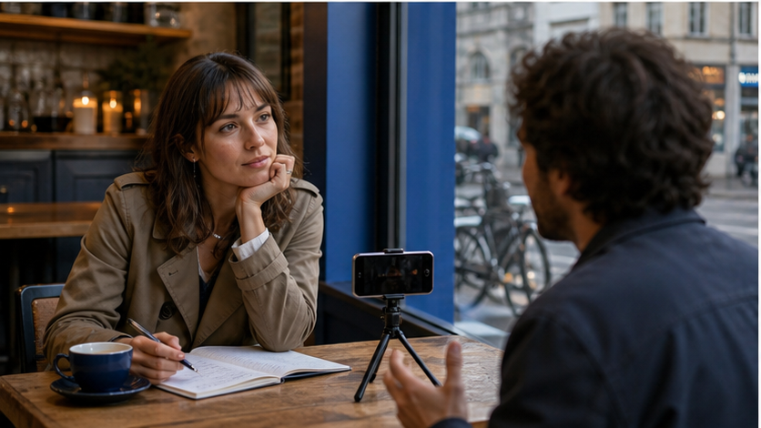 Journalist recording an interview across a café table with a notebook