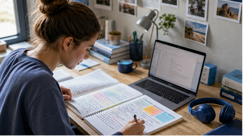 Student reviewing structured lecture notes beside a laptop and headphones