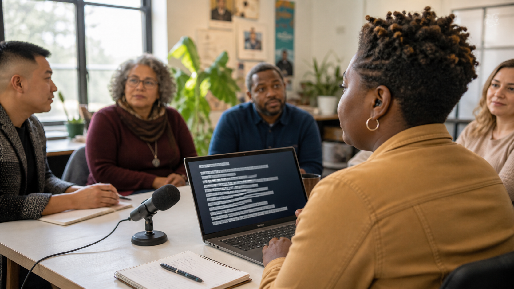 Group discussion supported by live captions on a laptop