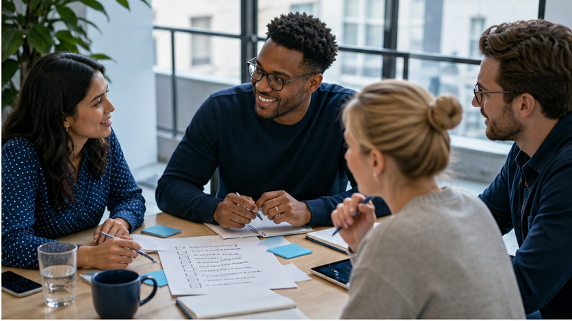 Team meeting around an action checklist in a bright office