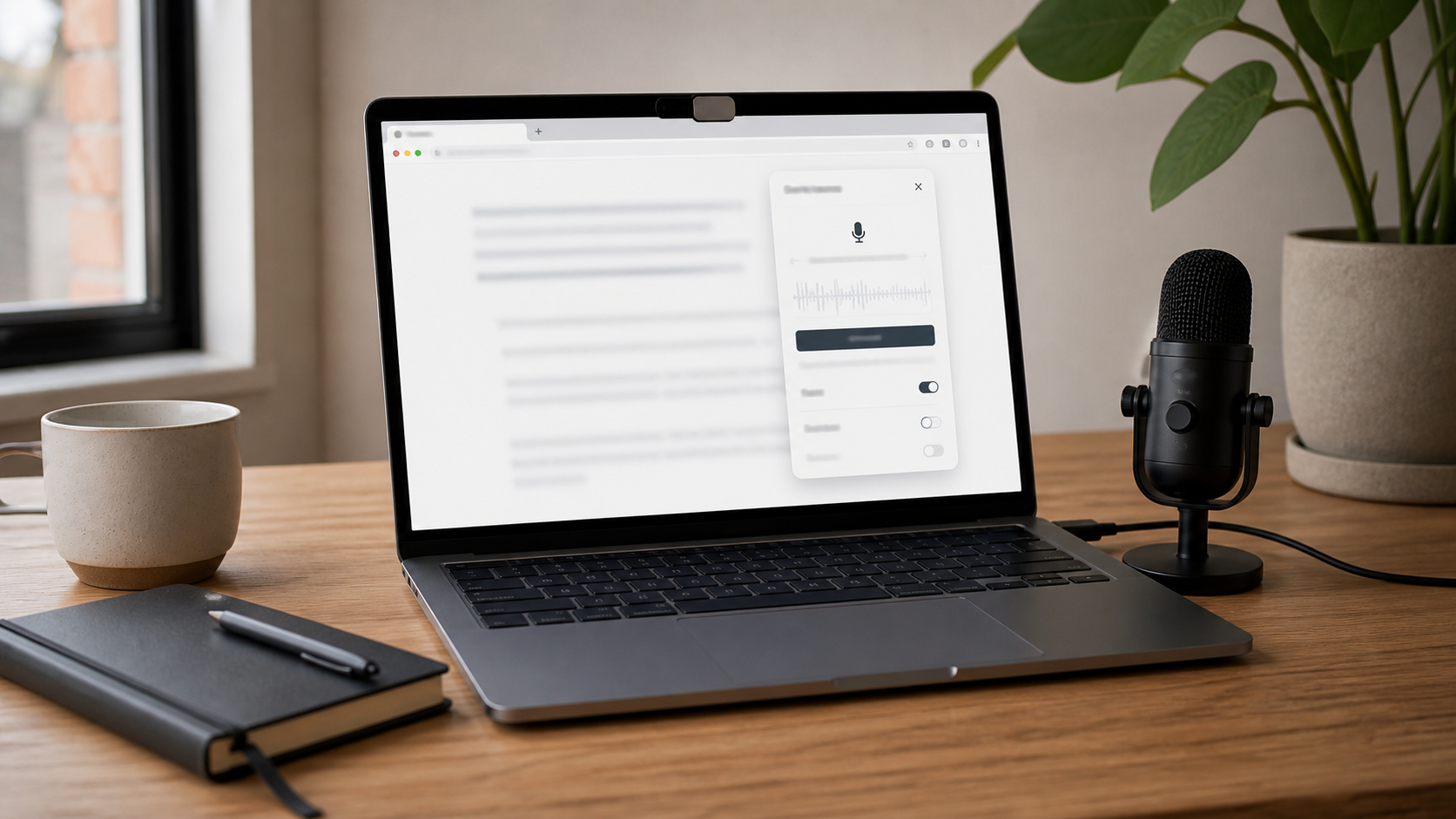 Private speech-to-text recording workspace with microphone permissions and a laptop
