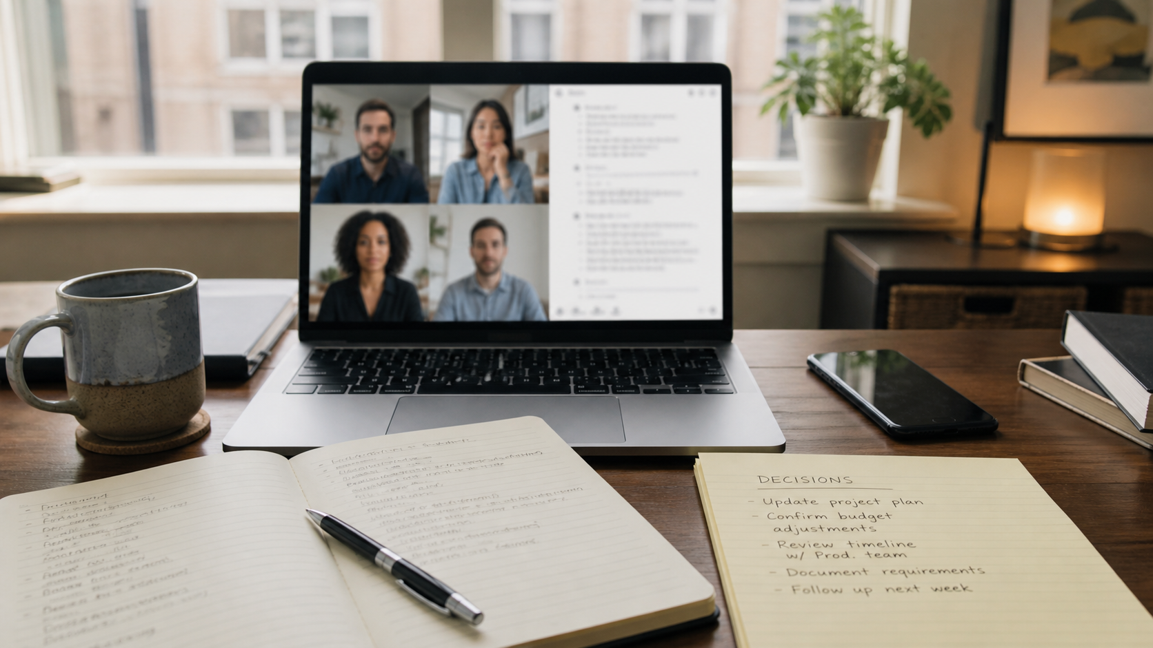 Remote meeting laptop workflow with searchable transcript and written decisions