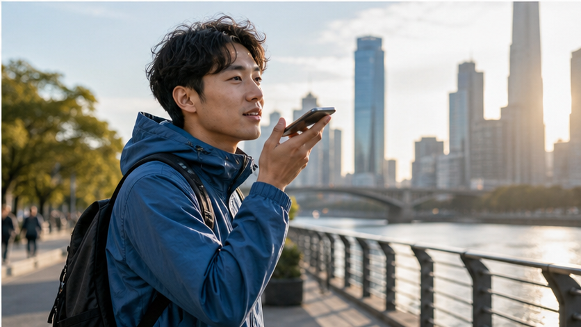 Person recording a voice note on a phone while walking by the city waterfront