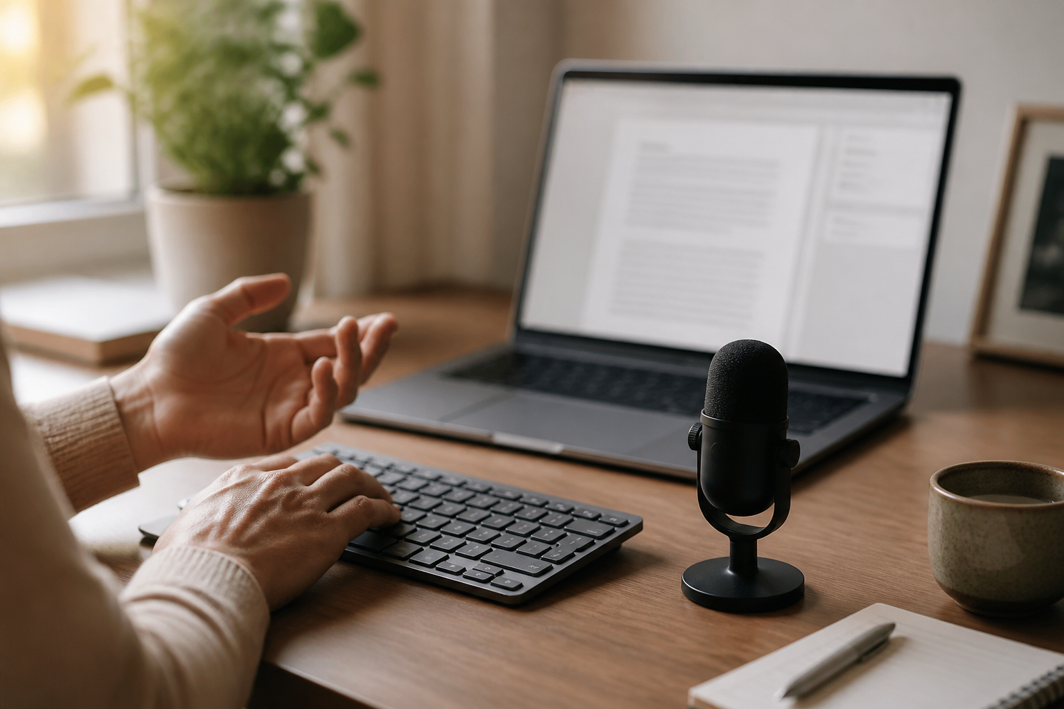 Professional desk scene comparing a microphone-led draft with keyboard editing