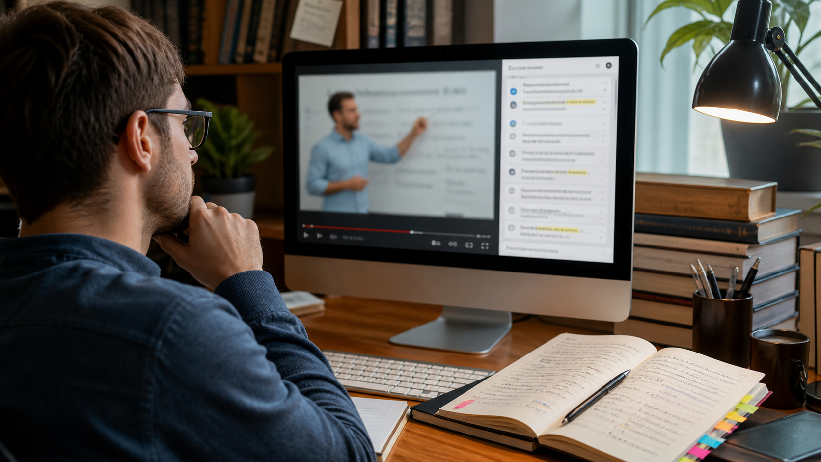 Researcher reviewing a long video beside a searchable transcript and notes