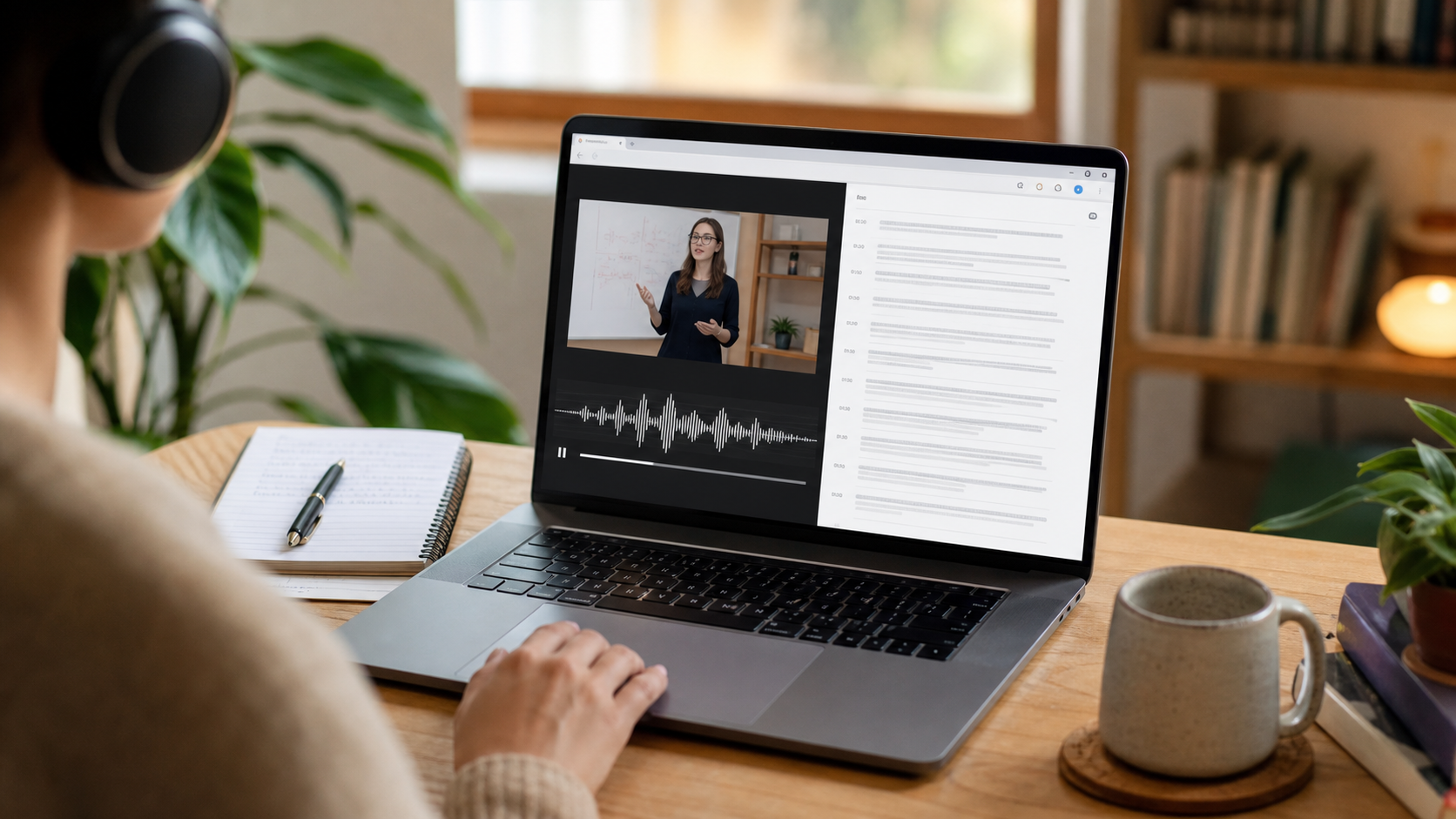 Browser audio waveform flowing from an online presentation into a structured transcript