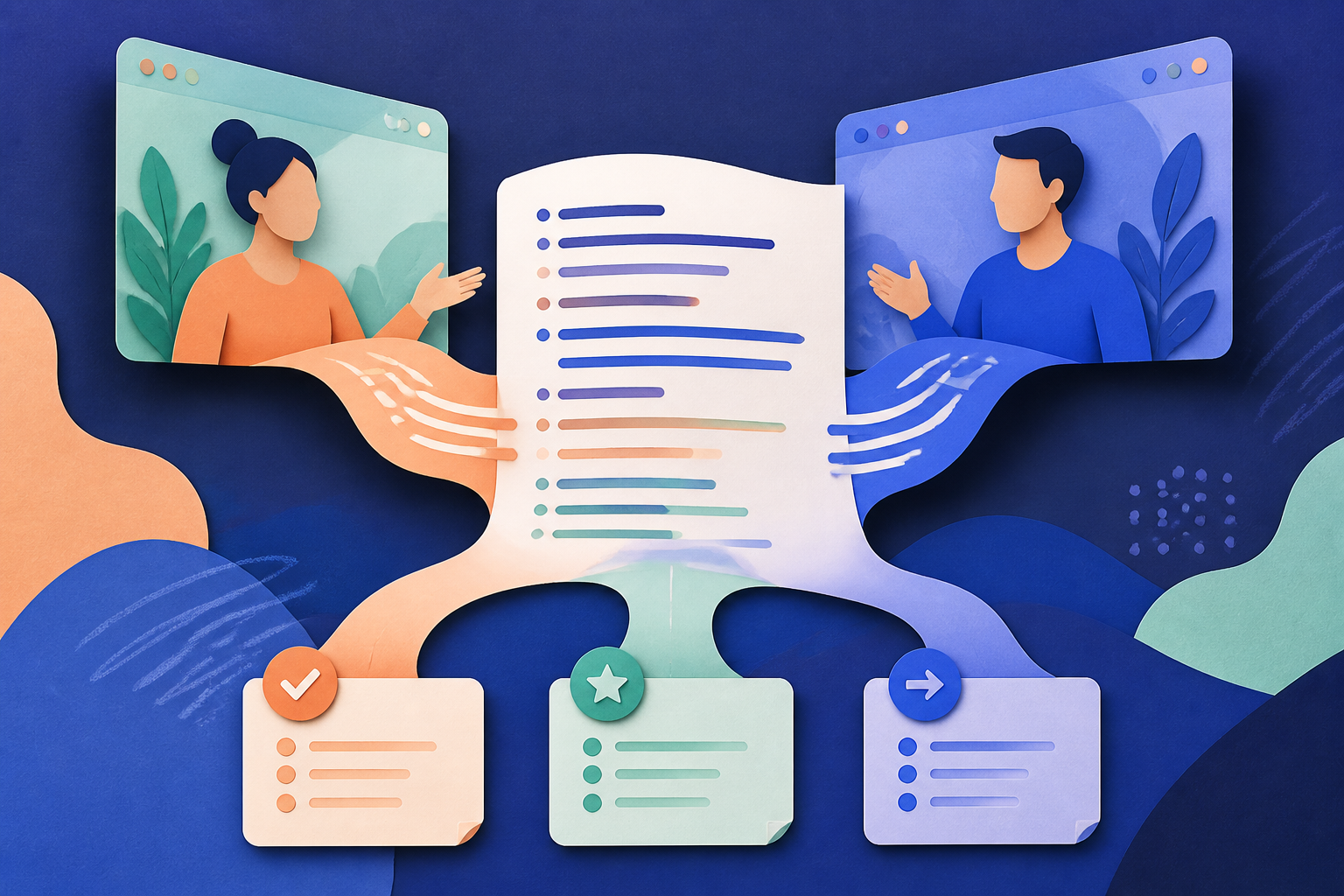 Online meeting transcript organized into decisions, owners, and searchable follow-up notes