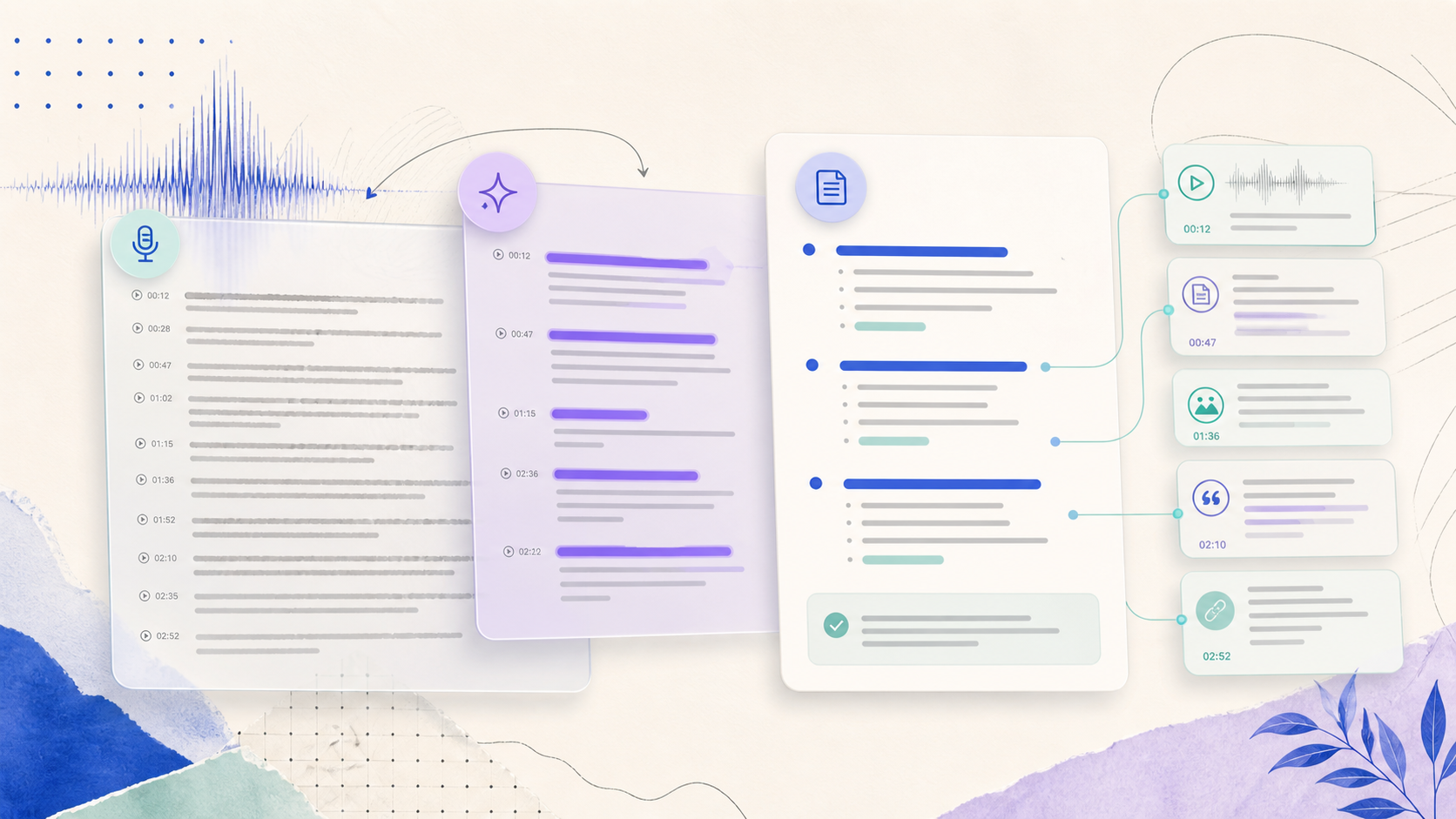 Chrome extension transcript flowing into organized summary and action note cards