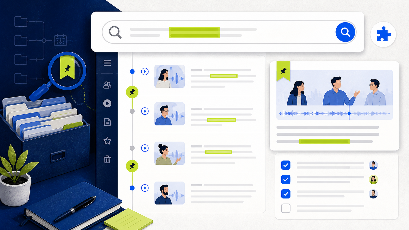Illustrated searchable meeting transcript with decisions, owners, and follow-up actions