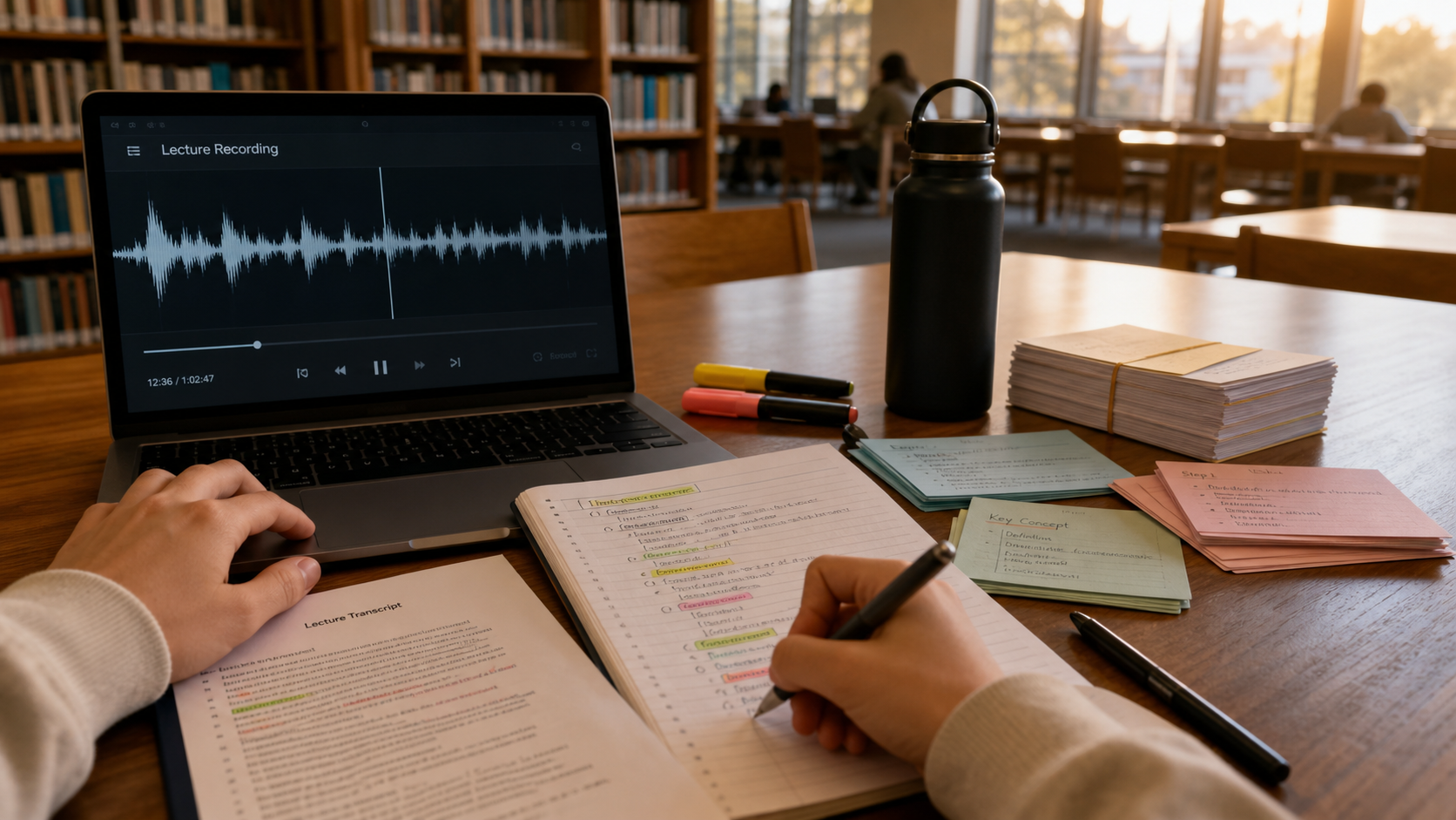 Lecture recording transformed into color-coded study cards and connected concepts