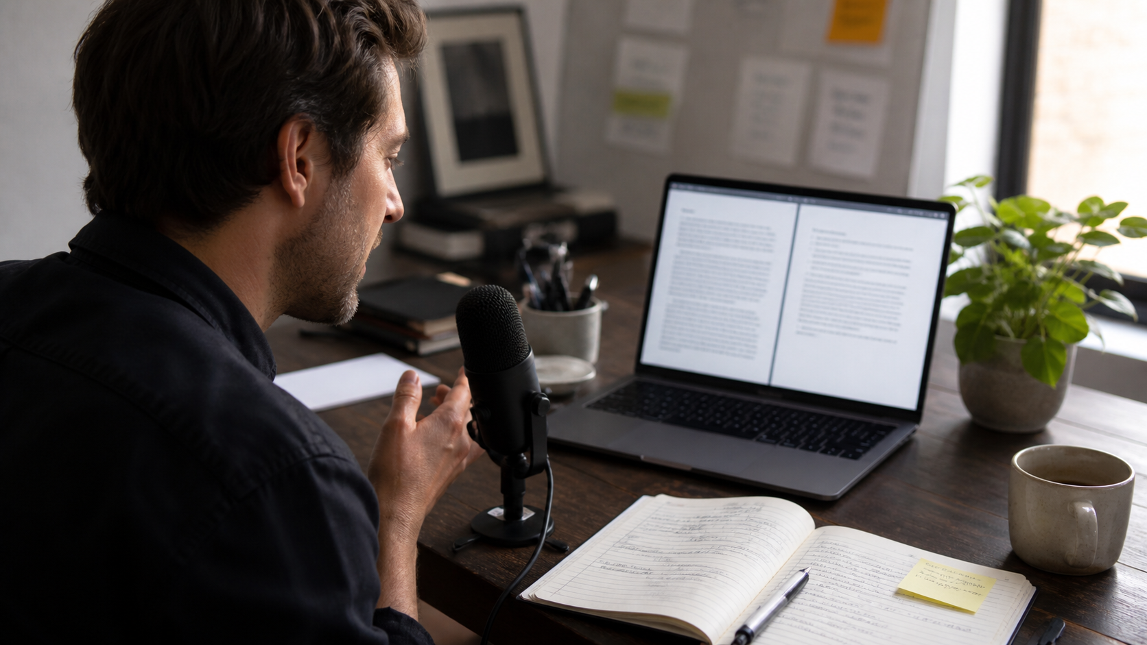 Illustrated voice typing workflow turning spoken ideas into a clean AI-assisted draft