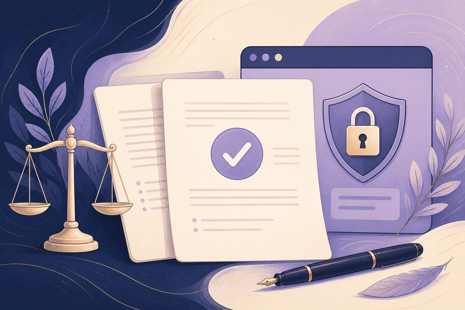 Editorial illustration of terms documents, a balance scale, and secure browser controls